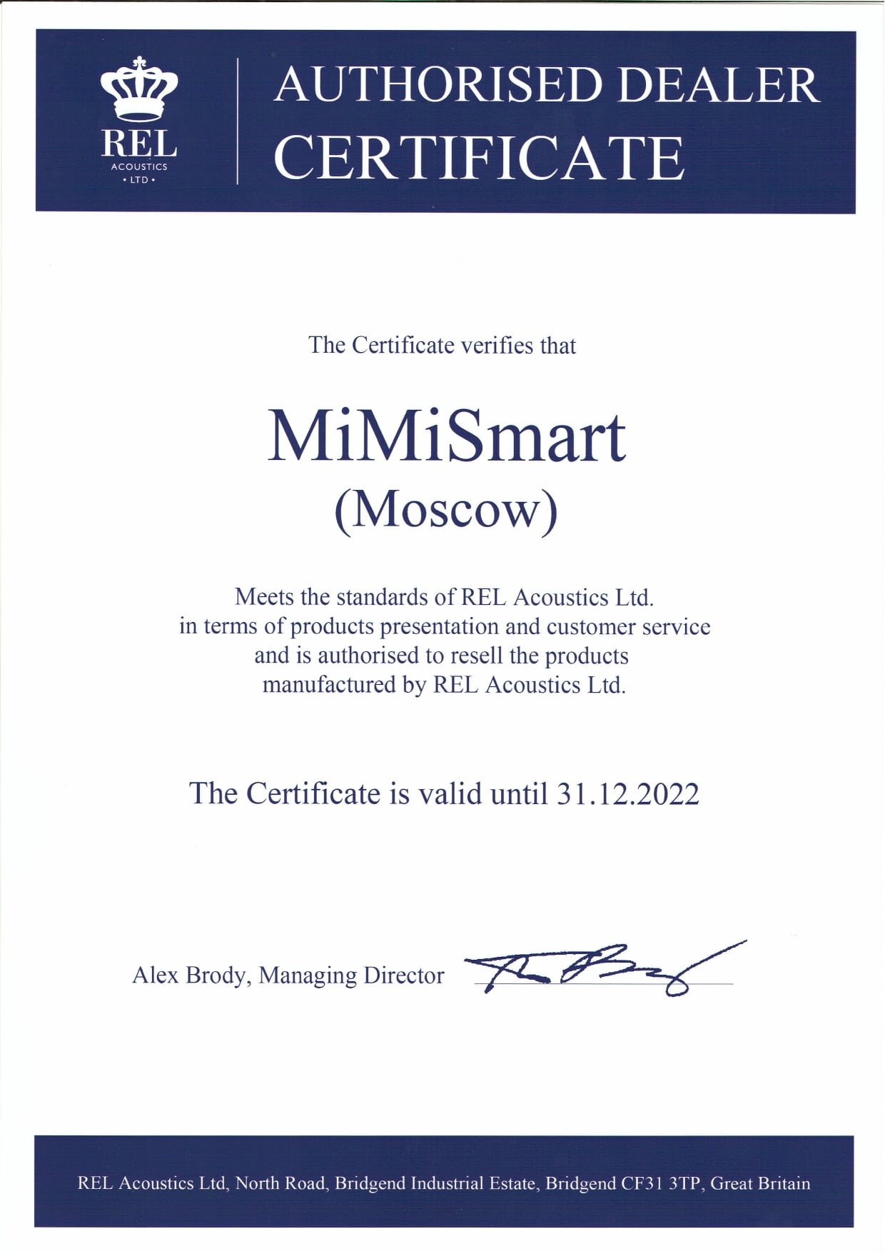 Authorised dealer certificate